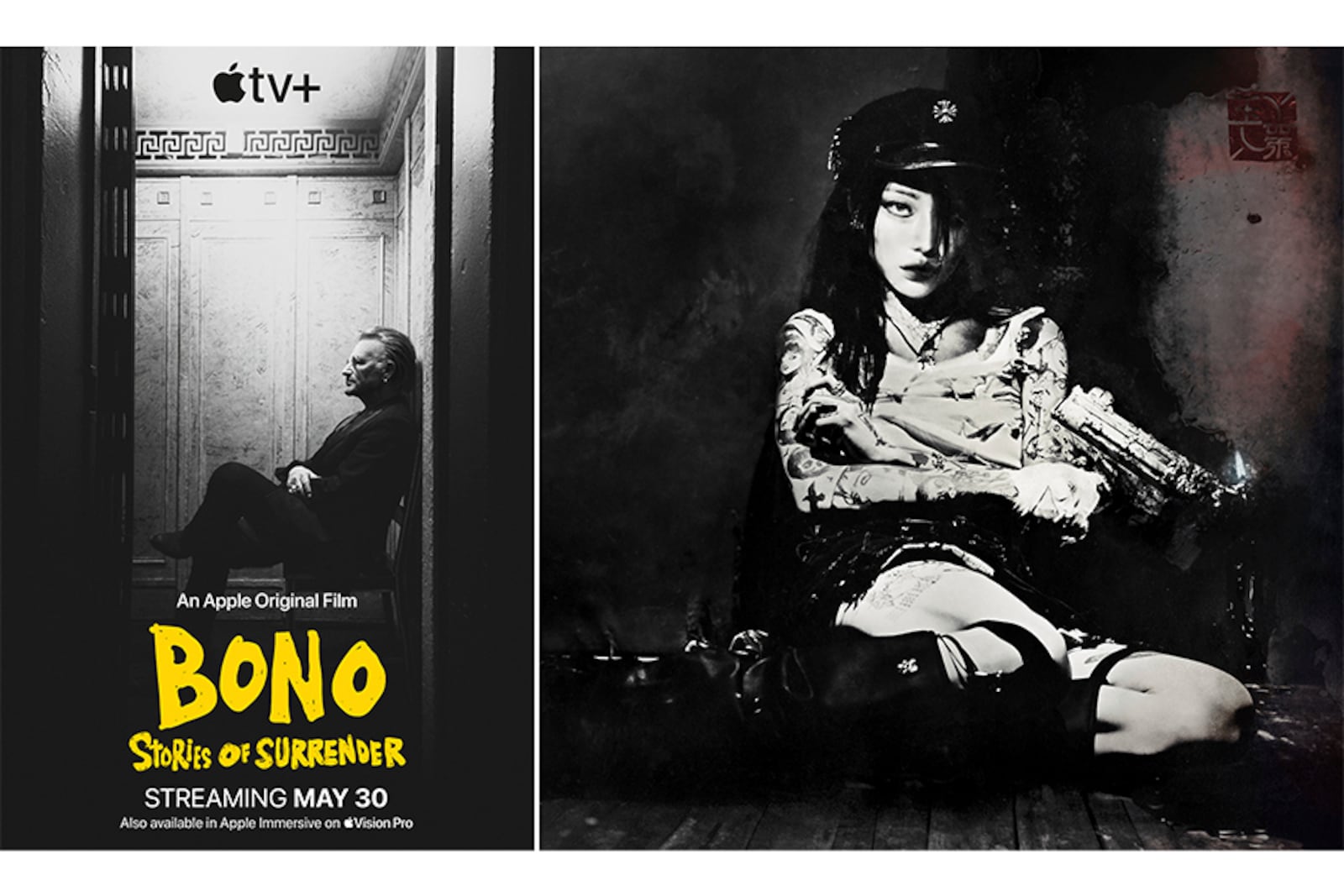 This combination of images shows promotional art for "Bono: Stories of Surrender", left, and "Evangelic Girl Is a Gun." (Apple TV+/Yeule via AP)