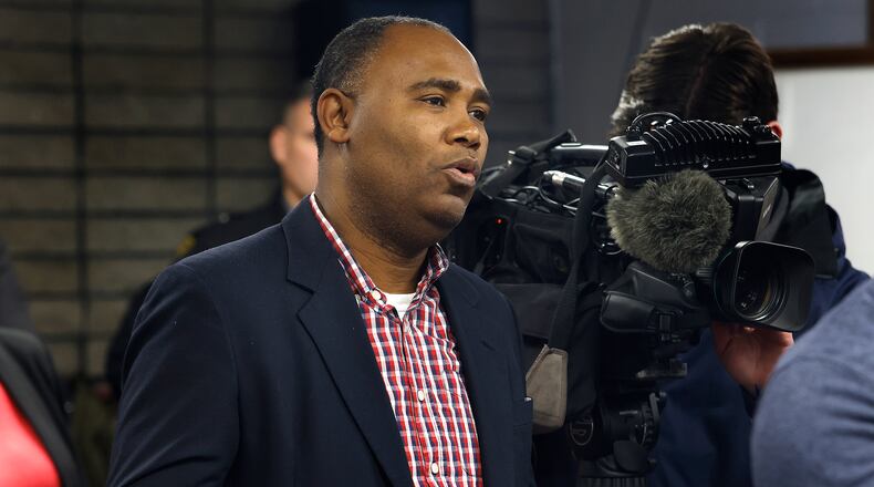 Pastor Fontil Daity, asked Gov. Mike DeWine questions about the Haitian community Dec. 5, 2024 during a press conference at the High Street Church of the Nazarene. Gov. DeWine was in Springfield to announce a new driver training initiative in Clark County. MARSHALL GORBY\STAFF