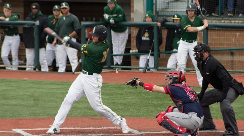Wright State’s Gabe Snyder takes a cut against Dayton earlier this season. Allison Rodriguez/CONTRIBUTED