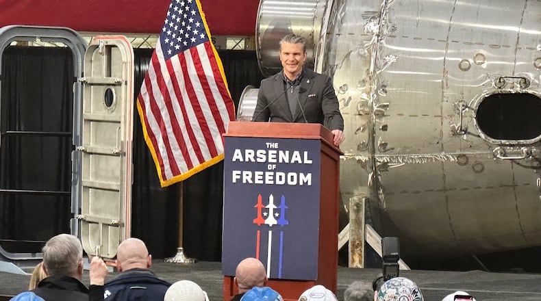 Defense Secretary Pete Hegseth speaks at the Bath Iron Works in Bath, Maine, Monday, Feb. 9, 2026. (AP Photo/Patrick Whittle)