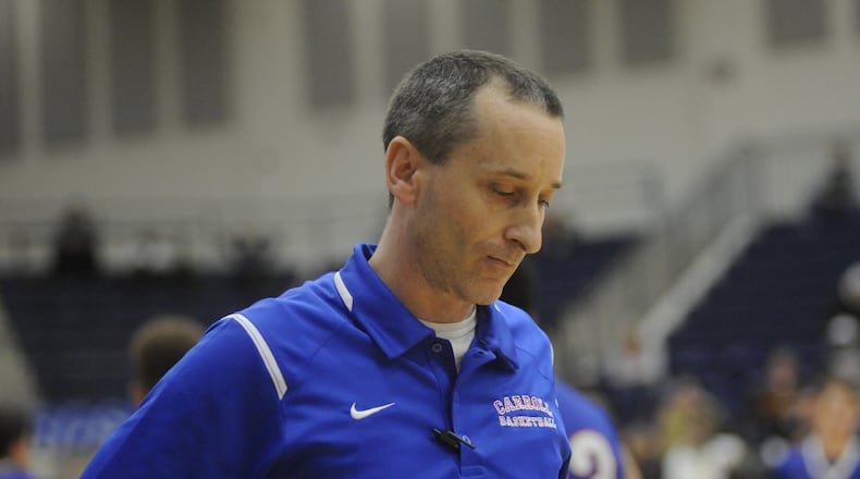 Carroll coach Tim Cogan. Carroll upset Alter 53-42 in a boys high school basketball D-II sectional semifinal at Fairmont’s Trent Arena on Wednesday, March 1, 2017. MARC PENDLETON / STAFF