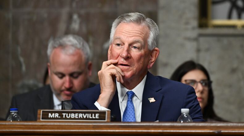 FILE — Sen. Tommy Tuberville, R-Ala., during the confirmation hearing of retired Lt. Gen. Dan Caine, President Donald Trump’s nominee to serve as chairman of the Joint Chiefs of Staff, on Capitol Hill in Washington, April 1, 2025. Tuberville, a Republican and former Auburn University football coach, will run for governor of the state in the 2026 election, he announced on Tuesday, May 27, 2025. (Kenny Holston/The New York Times)