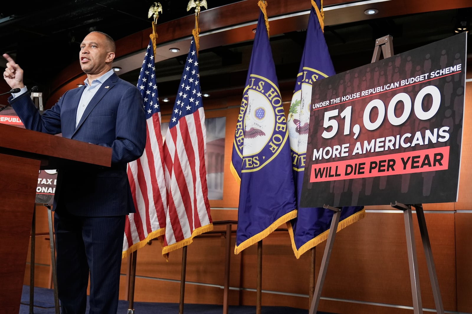 House Minority Leader Hakeem Jeffries, D-N.Y., speaks during a news conference after passage of the budget reconciliation package of President Donald Trump's signature bill of big tax breaks and spending cuts, at the Capitol in Washington, Tuesday, July 1, 2025. (AP Photo/Mariam Zuhaib)
