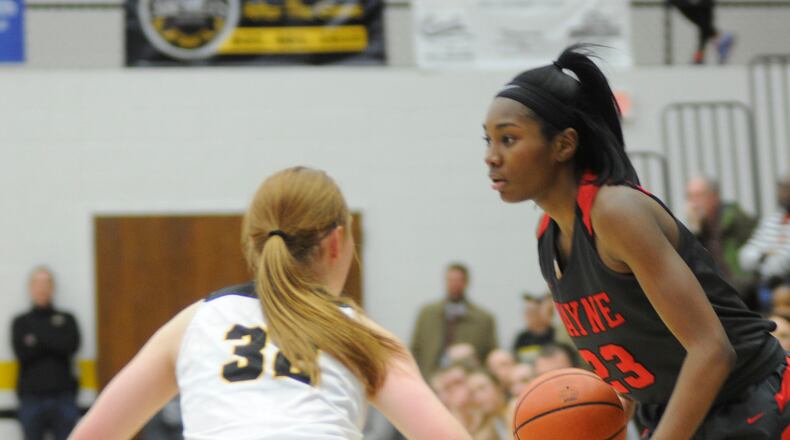 Wayne's Aubryanna Hall (with ball) is checked by Centerville's Sam Chable. Centerville defeated visiting Wayne 66-60 in a girls high school basketball game on Monday, Dec. 17, 2018. MARC PENDLETON / STAFF