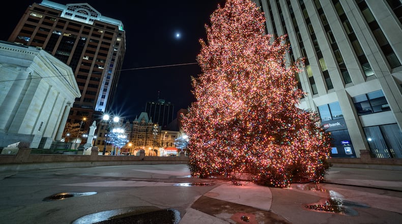 A tree with lights and decorations for the 2020 Dayton Holiday Festival. Photo credit: Downtown Dayton Partnership
