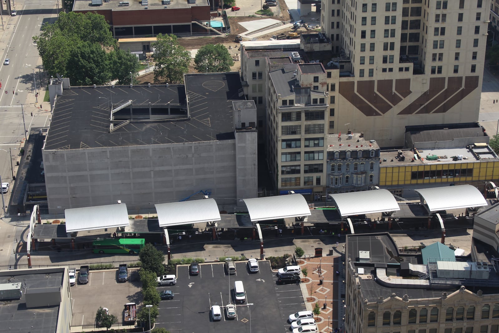 Greater Dayton RTA's Wright Stop Plaza (the downtown bus hub) and the Air City parking garage and Centre City building. CORNELIUS FROLIK / STAFF