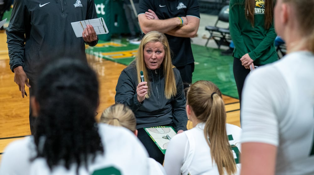 Wright State University women's basketball coach Kari Hoffman talks to her team during their game against Green Bay on Tuesday, Dec. 30 at the Nutter Center. NICK PHILLIPS / CONTRIBUTED PHOTO