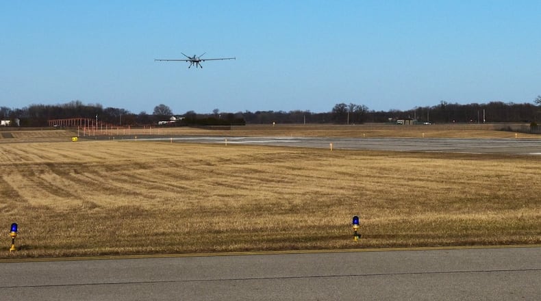 An Air Force MQ-9 Reaper lands at Springfield-Beckley Air National Guard Base Mar. 3. The MQ-9 arrived for Advanced Wrath, a two-week exercise supporting U.S. Special Operations Command, U.S. Coast Guard search and rescue operations, and testing for the Air Force Research Laboratory. (U.S. Air National Guard photo by Shane Hughes)