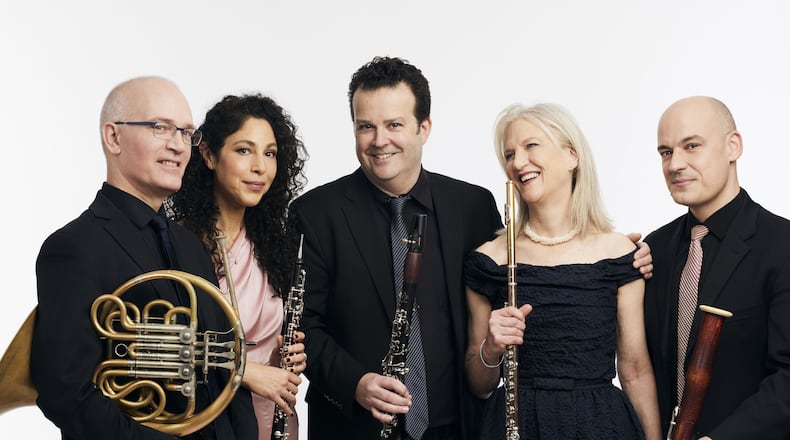 University of Dayton’s ArtsLIVE presents Dorian Wind Quintet, (left to right) Karl Kramer-Johansen, Roni Gal-Ed, Benjamin Fingland, Gretchen Pusch and Adrian Morejon, in UD’s Sears Recital Hall on Sunday, April 16. CONTRIBUTED