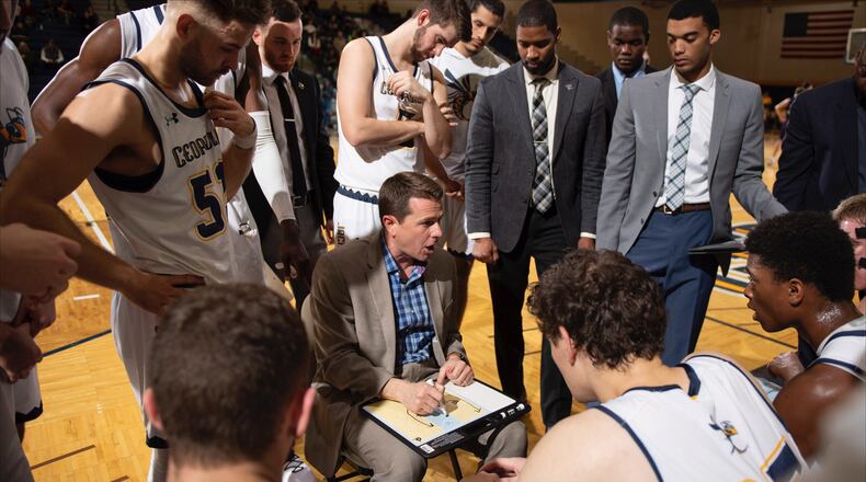 Cedarville coach Pat Estepp during a GMAC conference win by the Yellow Jackets over visiting Kentucky Wesleyan 76-59. (Photo courtesy Cedarville Athletics)