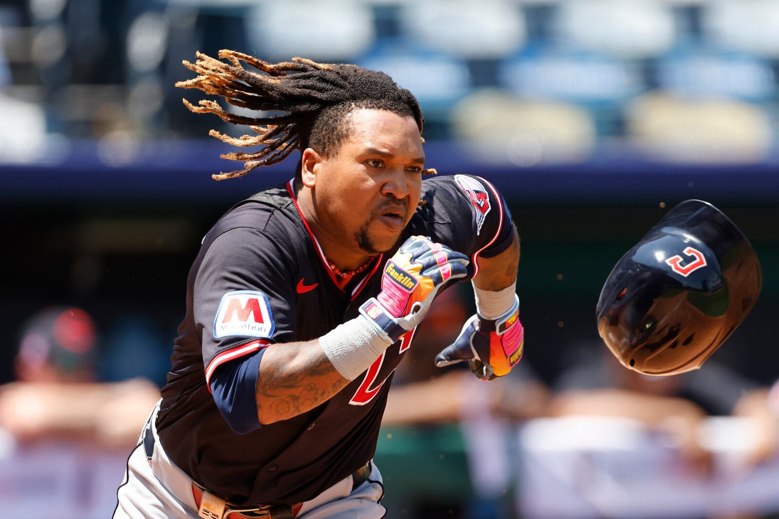 Cleveland Guardians' José Ramírez runs while grounding out during the third inning of a baseball game against the Kansas City Royals in Kansas City, Mo., Sunday, July 27, 2025. (AP Photo/Colin E. Braley)