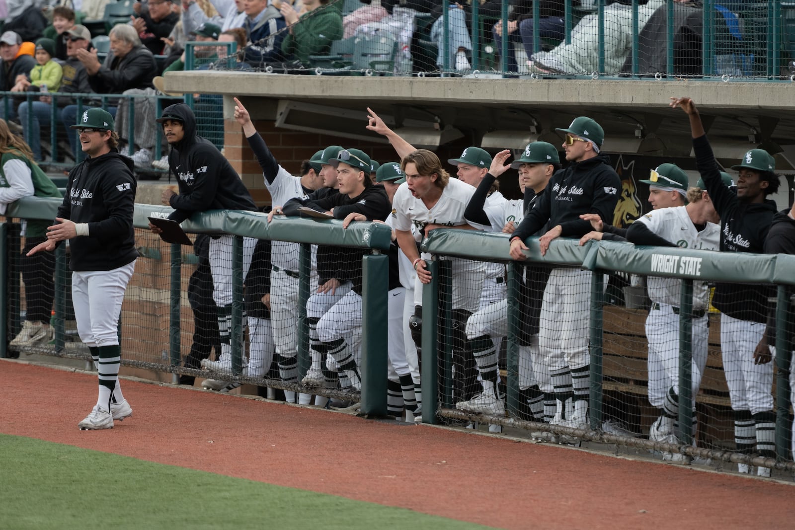 The Wright State University bench celebrates during their game against Ohio State University on March 24, 2026 at Nischwitz Stadium in Fairborn. WRIGHT STATE ATHLETICS