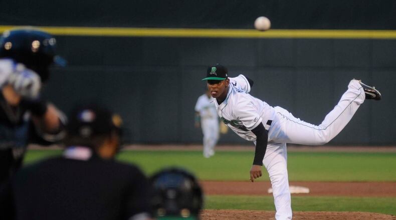 Dragons starting pitcher Wennington Romero delivers. The Dragons hosted the Lansing Lugnuts (Blue Jays) at Dayton’s Fifth Third Field in a Midwest League Class A minor-league baseball game on Wednesday, April 19, 2017. MARC PENDLETON / STAFF