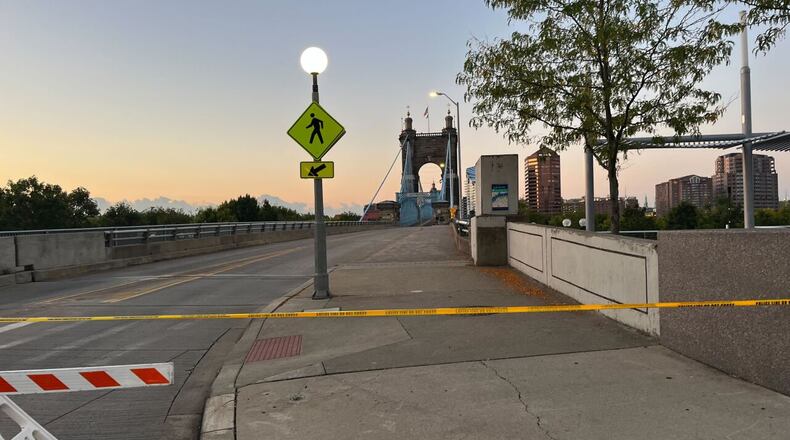 The John A. Roebling Suspension Bridge was closed in both directions Wednesday, Sept. 13, 2023, morning due to a bomb threat. Photo courtesy Adrian Whitsett, WCPO.