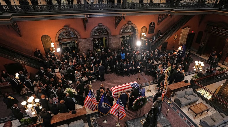 People gather inside the South Carolina Statehouse as the Rev. Jesse Jackson lies in state Monday, March 2, 2026, in Columbia, S.C. (AP Photo/Matt Kelley, Pool)