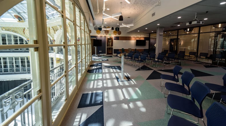 Here’s a look at the completed third floor expansion of The Hub Powered by PNC Bank in the Dayton Arcade’s Rotunda Building in downtown Dayton. This expansion builds on The Hub’s current presence on all three floors of the Arcade’s McCrory Building and second floor of the Rotunda, Fourth St. and Ludlow Buildings. The Hub, a joint venture of the University of Dayton and The Entrepreneurs’ Center, houses the UD Crotty Center for Entrepreneurial Leadership, The Small Business Development Center from the Entrepreneurs’ Center, co-working and private office spaces, meeting rooms, conference areas, pop-up retail opportunities and learning labs and classrooms including UD studios for creatives. TOM GILLIAM / CONTRIBUTING PHOTOGRAPHER