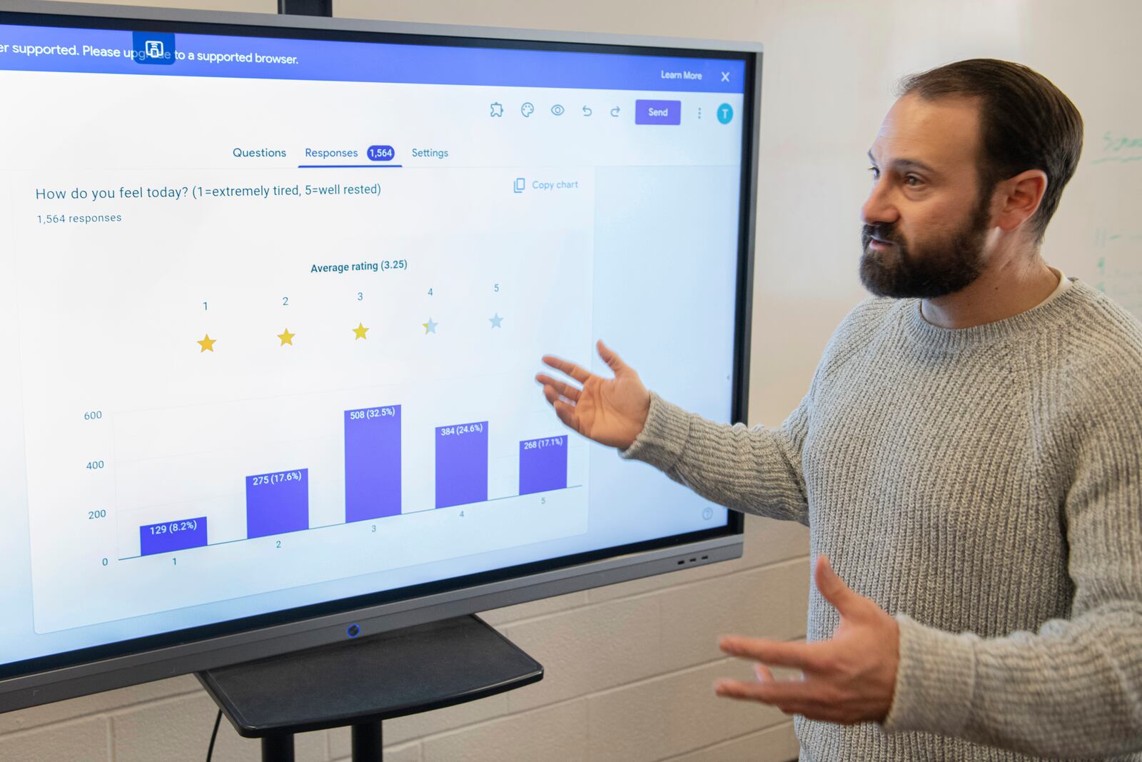 Mansfield Senior High School health teacher Tony Davis explains a graph of student responses to questions from his sleep class, in Mansfield, Ohio, Friday, Dec. 6, 2024. (AP Photo/Phil Long)