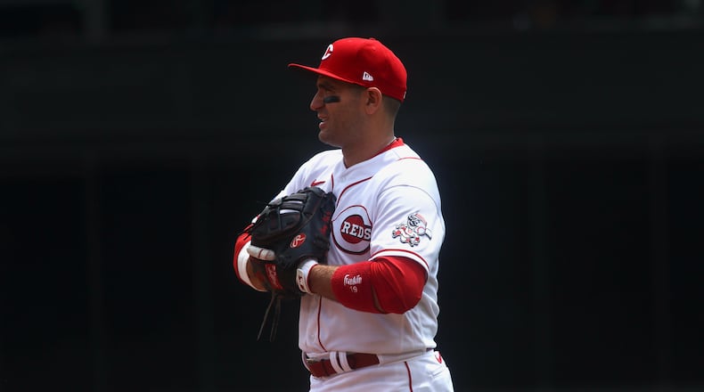 Joey Votto, of the Reds, plays first base against the Rockies on Wednesday, June 21, 2023, at Great American Ball Park in Cincinnati. David Jablonski/Staff