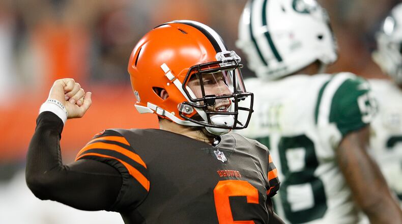 CLEVELAND, OH - SEPTEMBER 20: Baker Mayfield #6 of the Cleveland Browns reacts after a Carlos Hyde #34 (not pictured) touchdown during the third quarter against the New York Jets at FirstEnergy Stadium on September 20, 2018 in Cleveland, Ohio. (Photo by Joe Robbins/Getty Images)