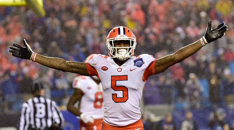 Tee Higgins (5) of the Clemson Tigers reacts after scoring a touchdown against the Pittsburgh Panthers during the second quarter of their game at Bank of America Stadium on Dec. 1, 2018 in Charlotte, N.C. (Grant Halverson/Getty Images/TNS)