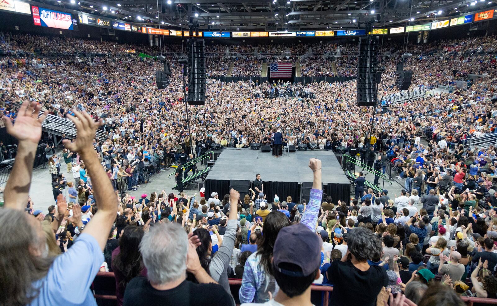 Sen. Bernie Sanders, I-Vt., speaks during his "Fighting Oligarchy" event at the Ford Idaho Center in Nampa, Idaho, Monday, April 14, 2025. (AP Photo/Kyle Green)