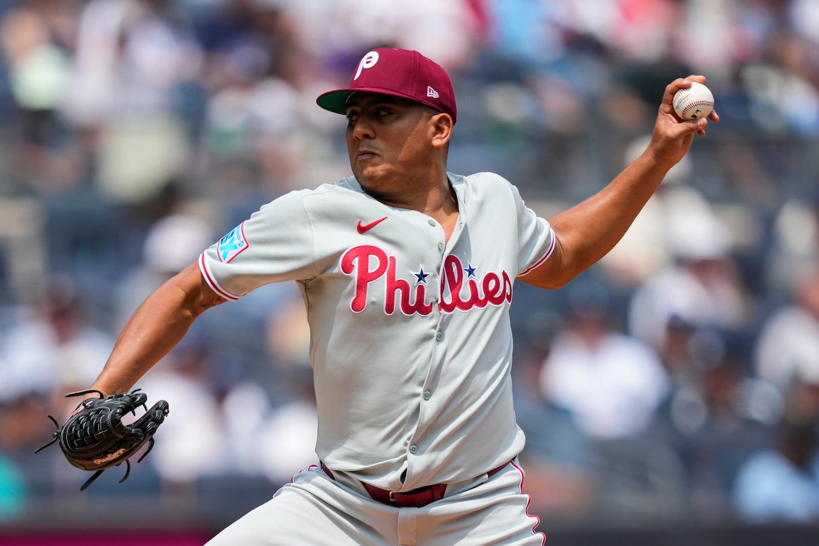 Philadelphia Phillies pitcher Ranger Suárez (55) throws during the first inning of a baseball game against the New York Yankees, Saturday, July 26, 2025, in New York. (AP Photo/Yuki Iwamura)