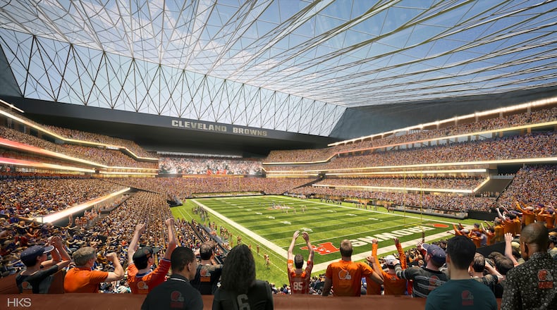 This artists rendering provided by HKS shows a proposed domed stadium for the Cleveland Browns. (HKS/Cleveland Browns via AP)