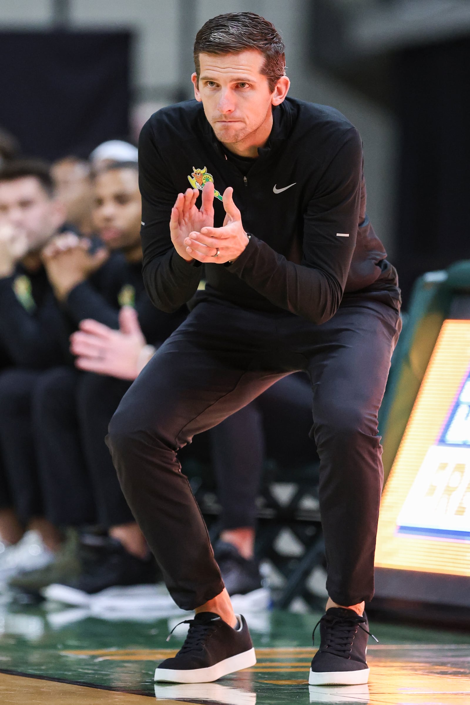 Wright State coach Clint Sargent claps during an 86-37 win over Franklin College 86-37 in a season opener on Monday, Nov. 3 at Ervin J. Nutter Center in Fairborn. BRYANT BILLING/STAFF
