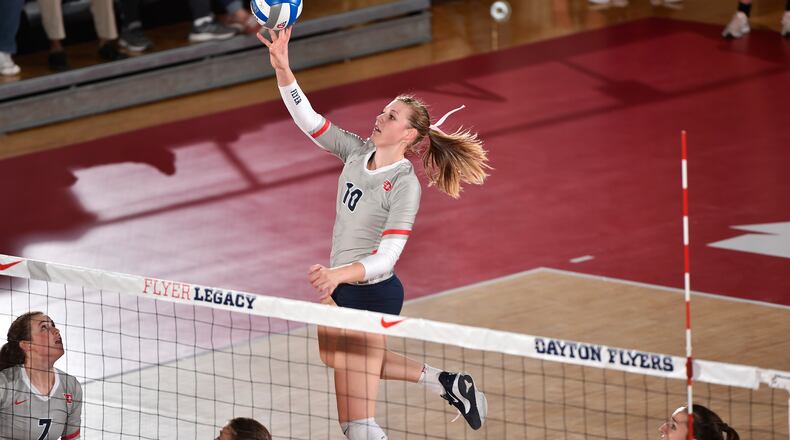 Dayton Volleyball vs Rhode Island: Jamie Peterson in action. Photo by Erik Schelkun