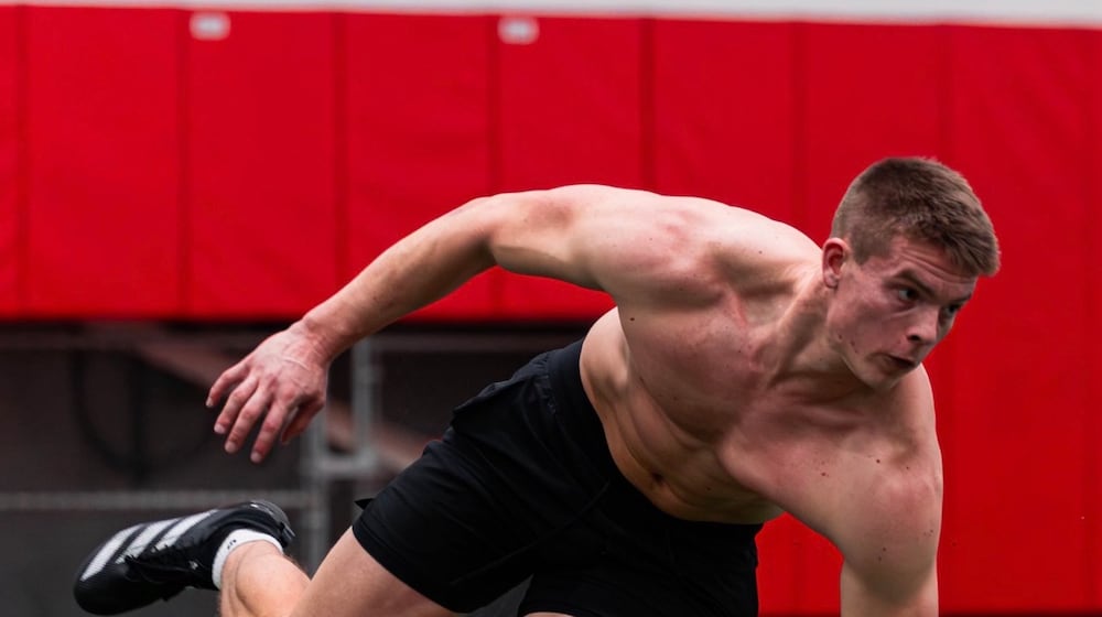 Jackson Kuwatch, a Lakota West graduate, works out during Miami University's Pro Day on Tuesday morning in Oxford. MIAMI ATHLETICS PHOTO