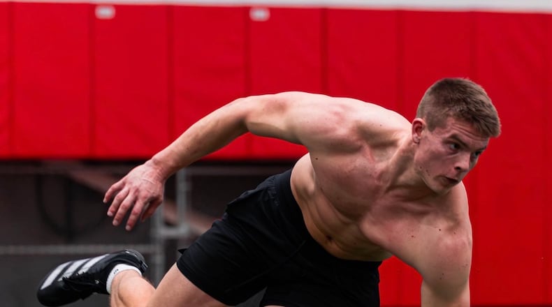 Jackson Kuwatch, a Lakota West graduate, works out during Miami University's Pro Day on Tuesday morning in Oxford. MIAMI ATHLETICS PHOTO