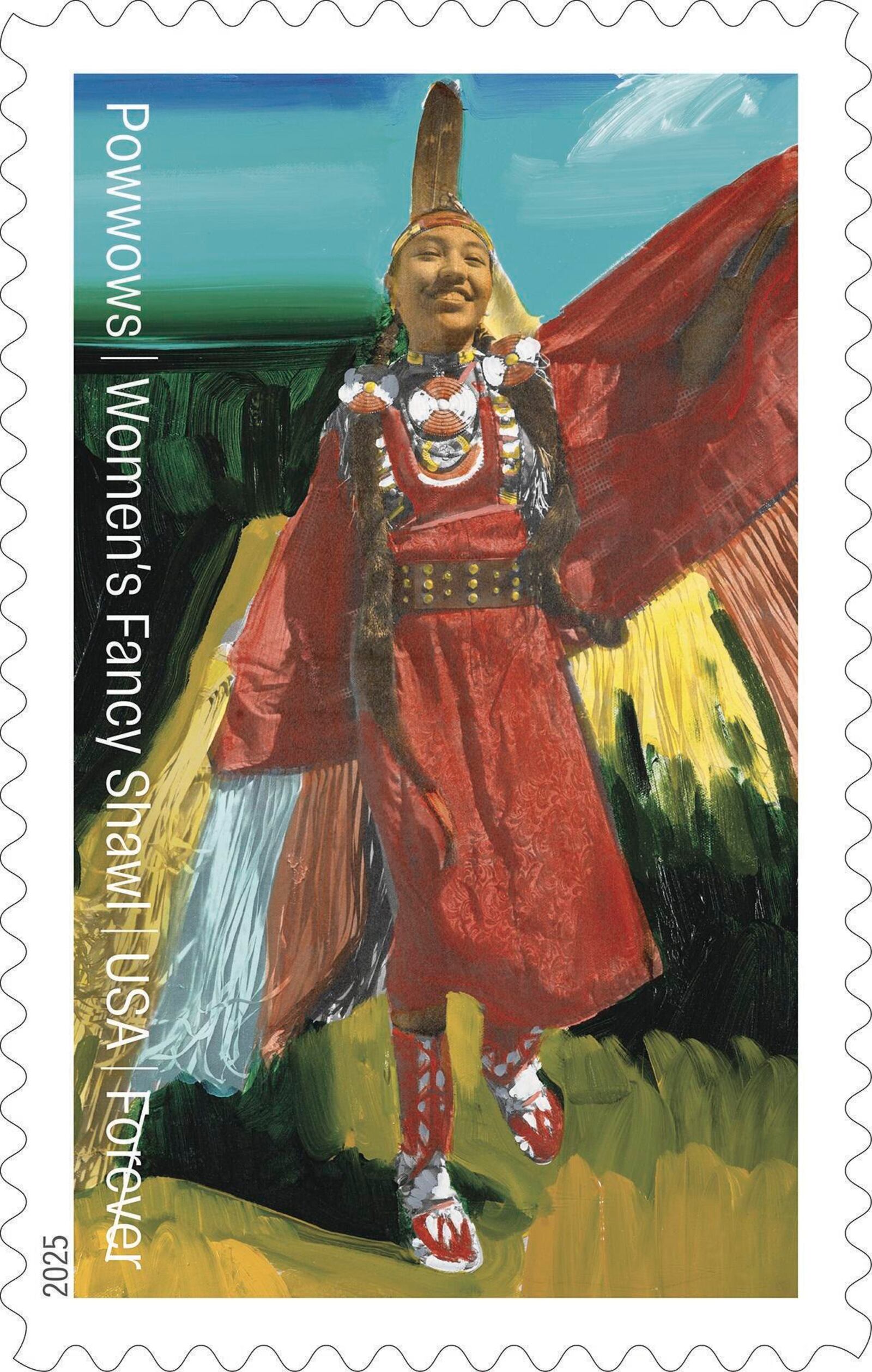 This image provided by the U.S. Postal Service shows one of the postage stamps in a new series commemorating Native American powwows. (U.S. Postal Service via AP)