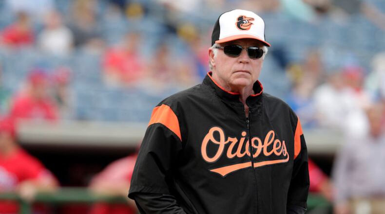 Baltimore Orioles manager Buck Showalter stands on the field before a baseball spring exhibition game against the Philadelphia Phillies, Saturday, Feb. 24, 2018, in Clearwater, Fla. (AP Photo/Lynne Sladky)