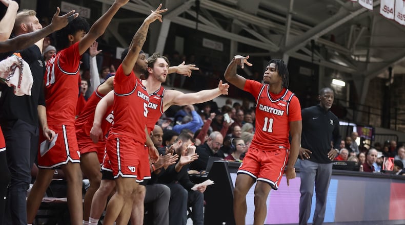 Dayton's Malachi Smith celebrates a 3-pointer in the second half against Fordham on Wednesday, Feb. 12, 2025, at Rose Hill Gym in Bronx, N.Y. David Jablonski/Staff