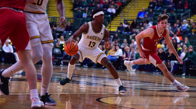Wright State University's Simon Callaghan drives to the hoop during their game against Miami on Dec. 16 at the Ervin J. Nutter Center in Fairborn. JOSEPH R. CRAVEN / CONTRIBUTED PHOTO