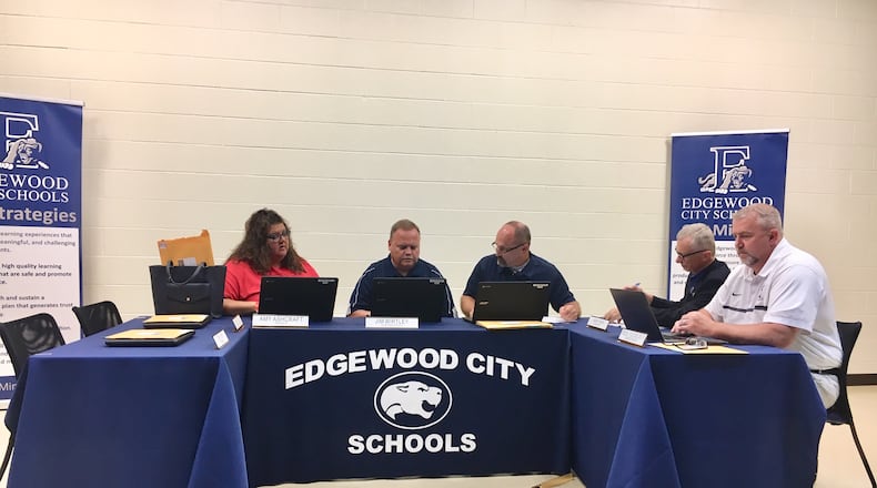 The Edgewood Board of Education met Monday evening at Edgewood High School but neither the board members present - Tom York and Beth Benjamin were absent - nor school district officials would comment on a federal lawsuit alleging sexual harassment by a school janitor against a female custodian.(Photo by Michael D. Clark/Journal-News)