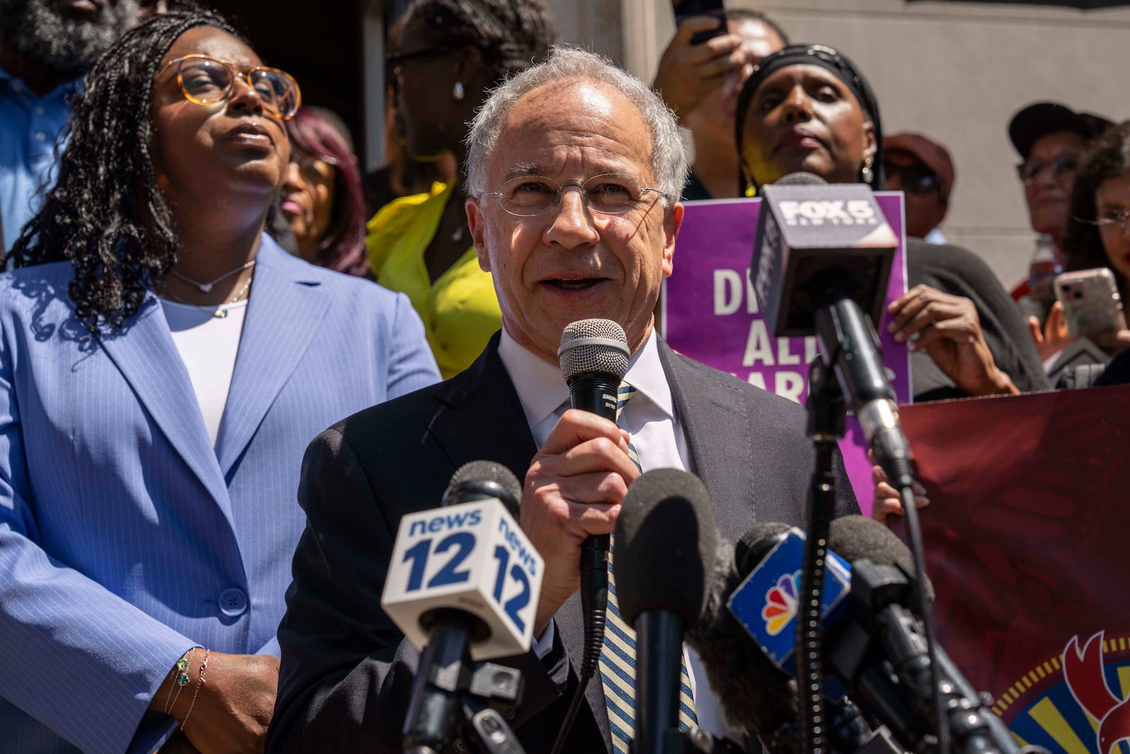 Paul Fishman, attorney for Rep. LaMonica Mclver (D-10th) speaks during a press conference outside a federal court Wednesday, June 25, 2025, in Newark, N.J. (AP Photo/Yuki Iwamura)