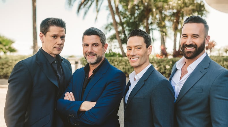 Il Divo, (left to right) David Miller, Sébastien Izambard and Urs Bühler with guest vocalist Steven Labrie, presents a special tribute to late member Carlos Marín at Rose Music Center in Huber Heights on Thursday, Sept. 1.