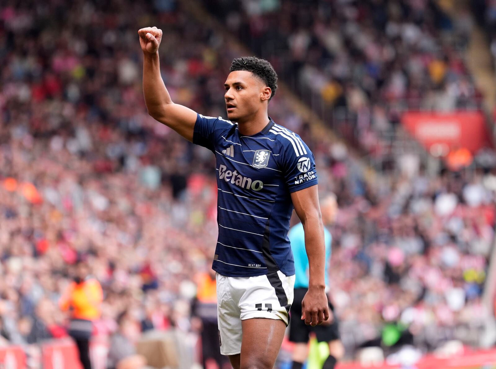 Aston Villa's Ollie Watkins celebrates scoring during the English Premier League soccer match between Southampton and Aston Villa at St Mary's Stadium, Southampton, England, Saturday April 12, 2025. (Andrew Matthews/PA via AP)