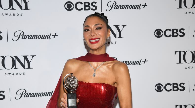 Nicole Scherzinger poses in the press room with the award for best performance by an actress in a leading role in a musical for "Sunset Blvd." during the 78th Tony Awards on Sunday, June 8, 2025, at Radio City Music Hall in New York. (Photo by Evan Agostini/Invision/AP)
