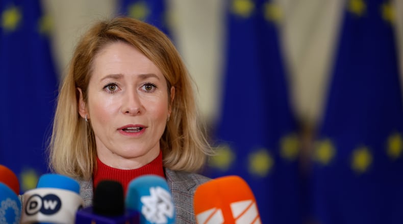 European Union foreign policy chief Kaja Kallas speaks with the media as she arrives for a meeting of EU foreign ministers at the European Council building in Brussels, Thursday, Jan. 29, 2026. (AP Photo/Geert Vanden Wijngaert)