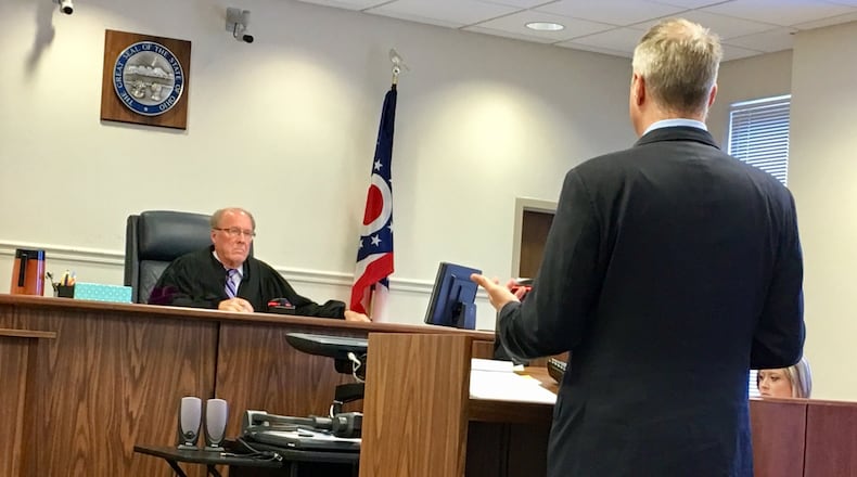 Attorney James Keller argues to visiting Judge Peter Handwork that a lawsuit alleging hazing at the University of Dayton should be dismissed. Handwork ruled that the case should proceed.