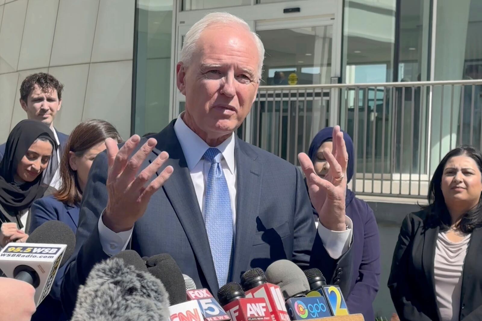 In this image taken from video, immigration lawyer Charles Kuck speaks to reporters outside a federal courthouse in Atlanta, on April 17, 2025. (AP Photo/Kate Brumback)