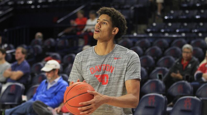 Dayton’s Zimife Nwokeji shoots before a game against Richmond on Jan. 25, 2020, at the Robins Center in Richmond, Va. David Jablonski/Stafff