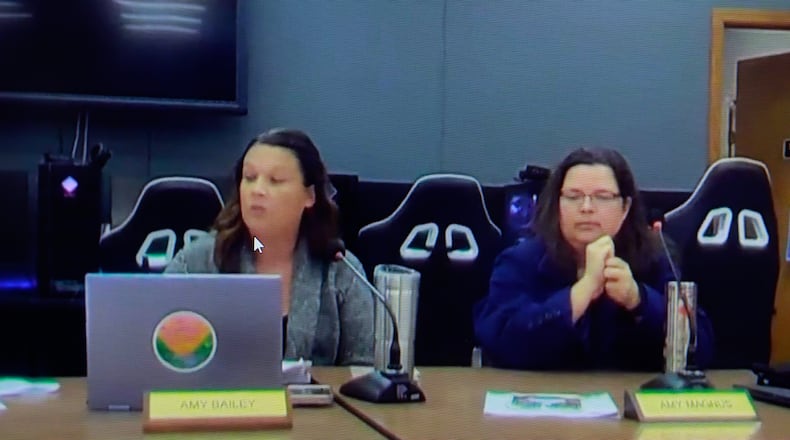 Yellow Springs school board members Amy Bailey (left) and Amy Magnus (right). Image from school board meeting Youtube stream.