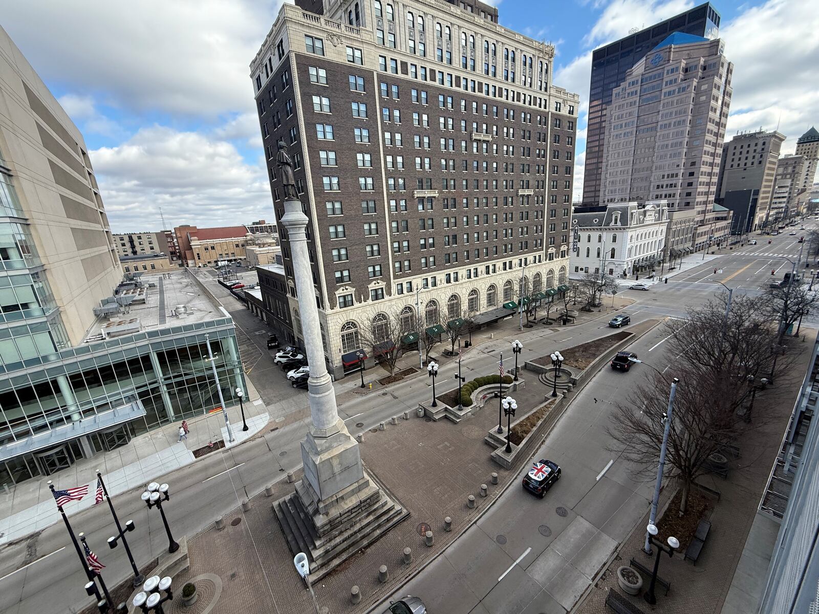 The Private Fair monument is on a traffic island in the middle of North Main Street in downtown Dayton, between Monument Avenue and First Street. This section of Main Street will be closed down to traffic for several weeks in early April 2025 while upgrades are made. CORNELIUS FROLIK / STAFF