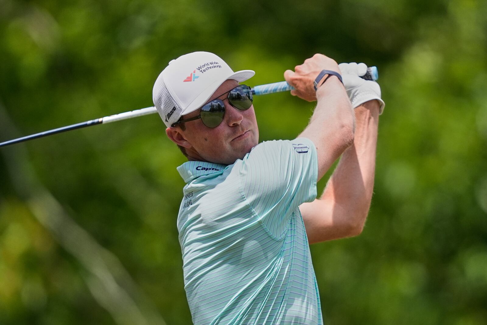 Ben Griffin hits off the 6th tee during the final round of the PGA Zurich Classic golf tournament at TPC Louisiana in Avondale, La., Sunday, April 27, 2025. (AP Photo/Gerald Herbert)