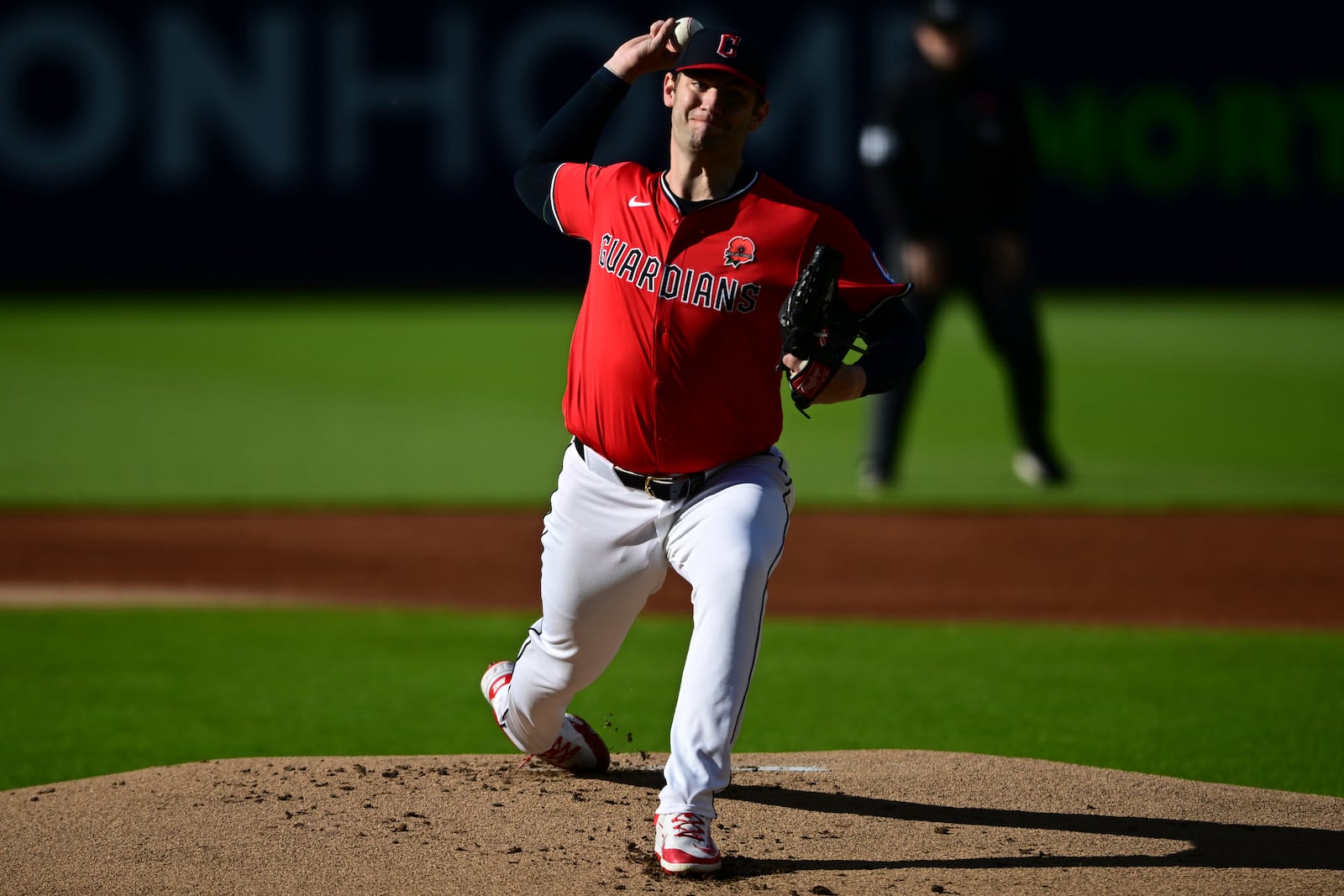 Cleveland Guardians' Gavin Williams delivers during the first inning of a baseball game against the Los Angeles Dodgers, Monday May 26, 2025, in Cleveland. (AP Photo/David Dermer)