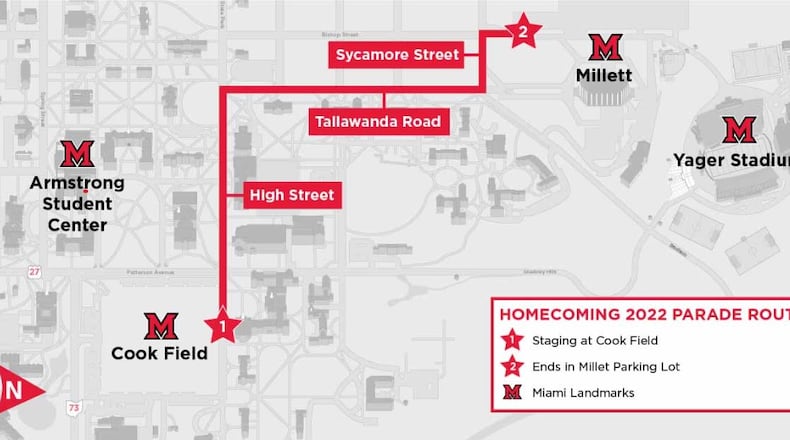 A map of the Miami University 2022 Homecoming Parade route. CONTRIBUTED/Miami University Alumni Association