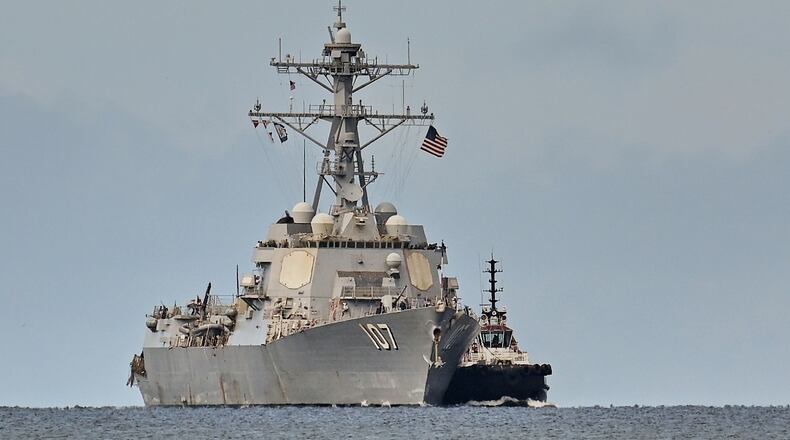 The USS Gravely destroyer arrives to dock for military exercises in Port-of-Spain, Trinidad and Tobago, Sunday, Oct. 26, 2025. (AP Photo/Robert Taylor)